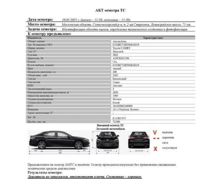 Автомобиль Toyota CAMRY, 2022, Идентификационный номер: LVGBC74K5NG618219, принадлежащий Продавцу на праве собственности, что подтверждается Договором купли-продажи № ОВ/Ф-315307-01-01-С-01 от 30.06.2023 г.